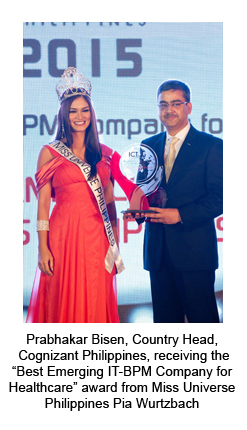  Prabhakar Bisen, Country Head, Cognizant Philippines, receiving the award from Miss Universe Philippines Pia Wurtzbach